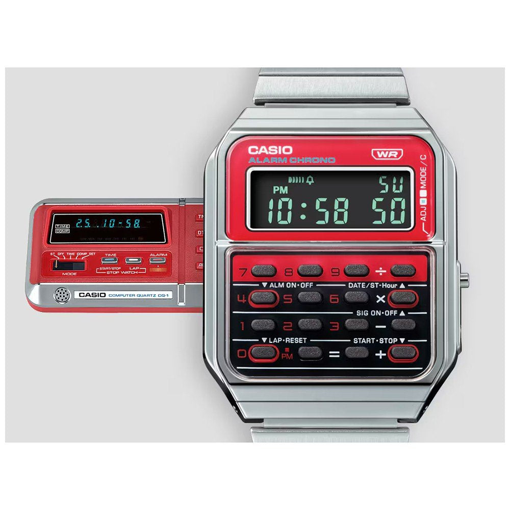 Casio Vintage Calculator Red / Stainless Steel Bracelet CA-500WE-4B Men's Watch