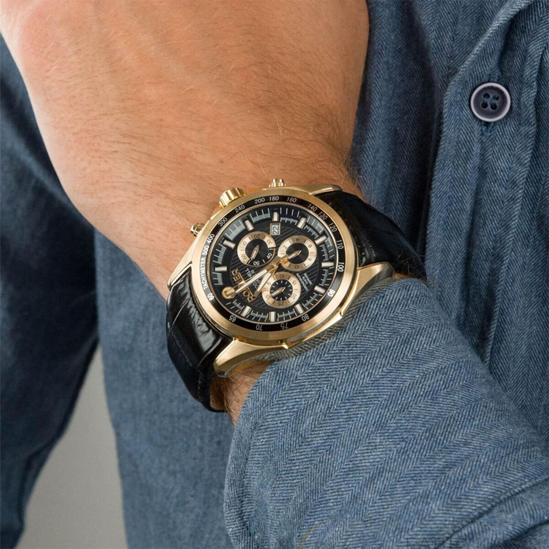 Roamer 220837 48 55 02 Rockshell Mark III Chrono Black Dial Black Leather Strap Gold IP Men's Watch