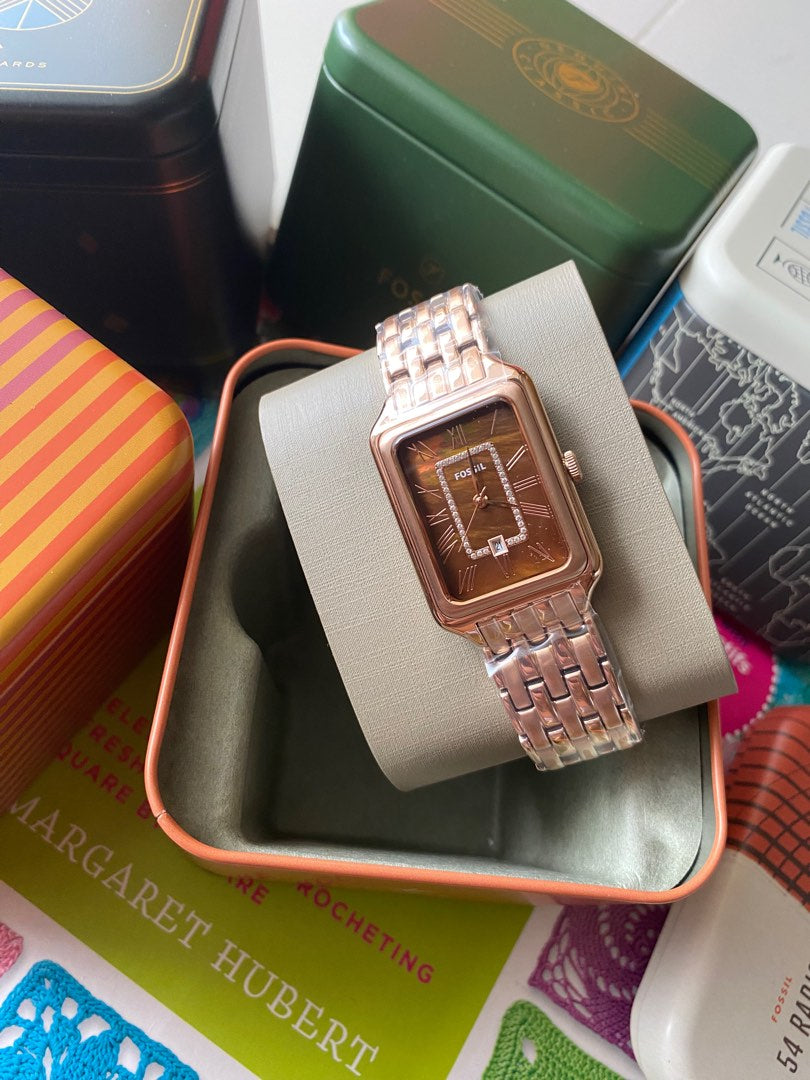 Fossil ES5323 Raquel 26mm Brown Mother of Pearl Dial Rose Gold Tone Stainless Steel Bracelet Women's Watch
