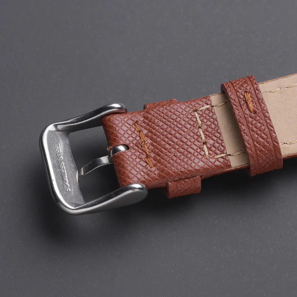 22mm Brown Genuine Leather Checkered Cross Pattern Replacement Watch Strap for Seiko, Citizen, Casio, etc