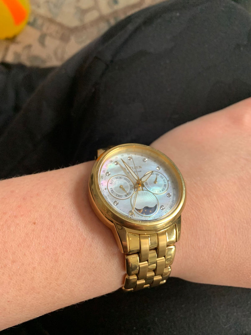 Citizen FD0002-57D Moonphase Eco Drive 36.5mm Mother of Pearl Dial Gold Stainless Steel Bracelet Women’s Watch
