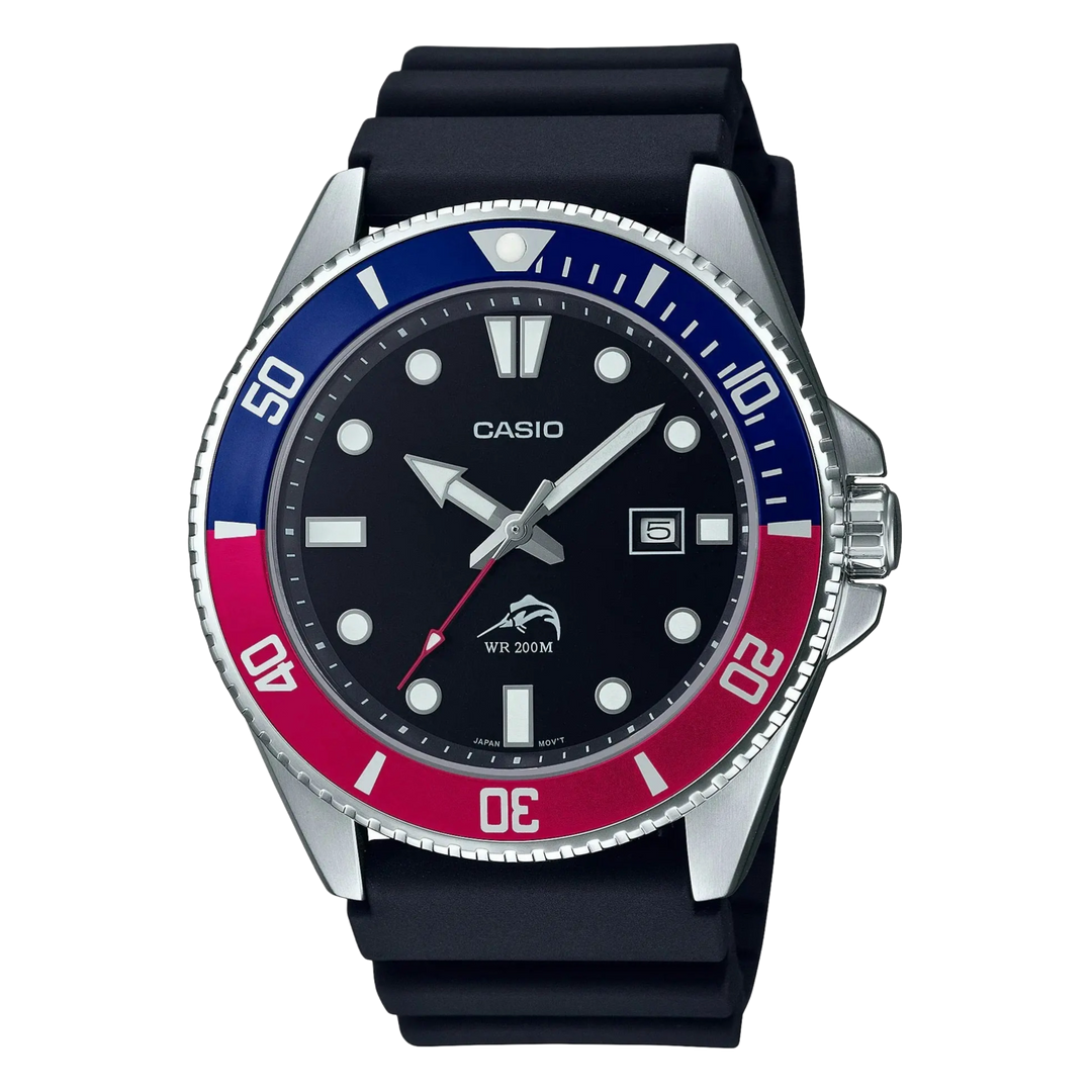 Casio Duro Marlin Diver MDV-106B-1A2 ‘Pepsi Bezel’ Rubber Strap Black Dial Men's Watch