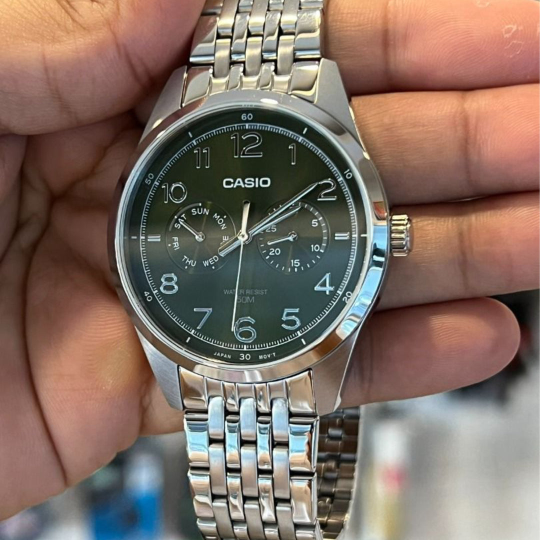 Casio Enticer MTP-E340D-3AVDF Analogue Quartz Stainless Steel Olive Green Dial Men's Watch