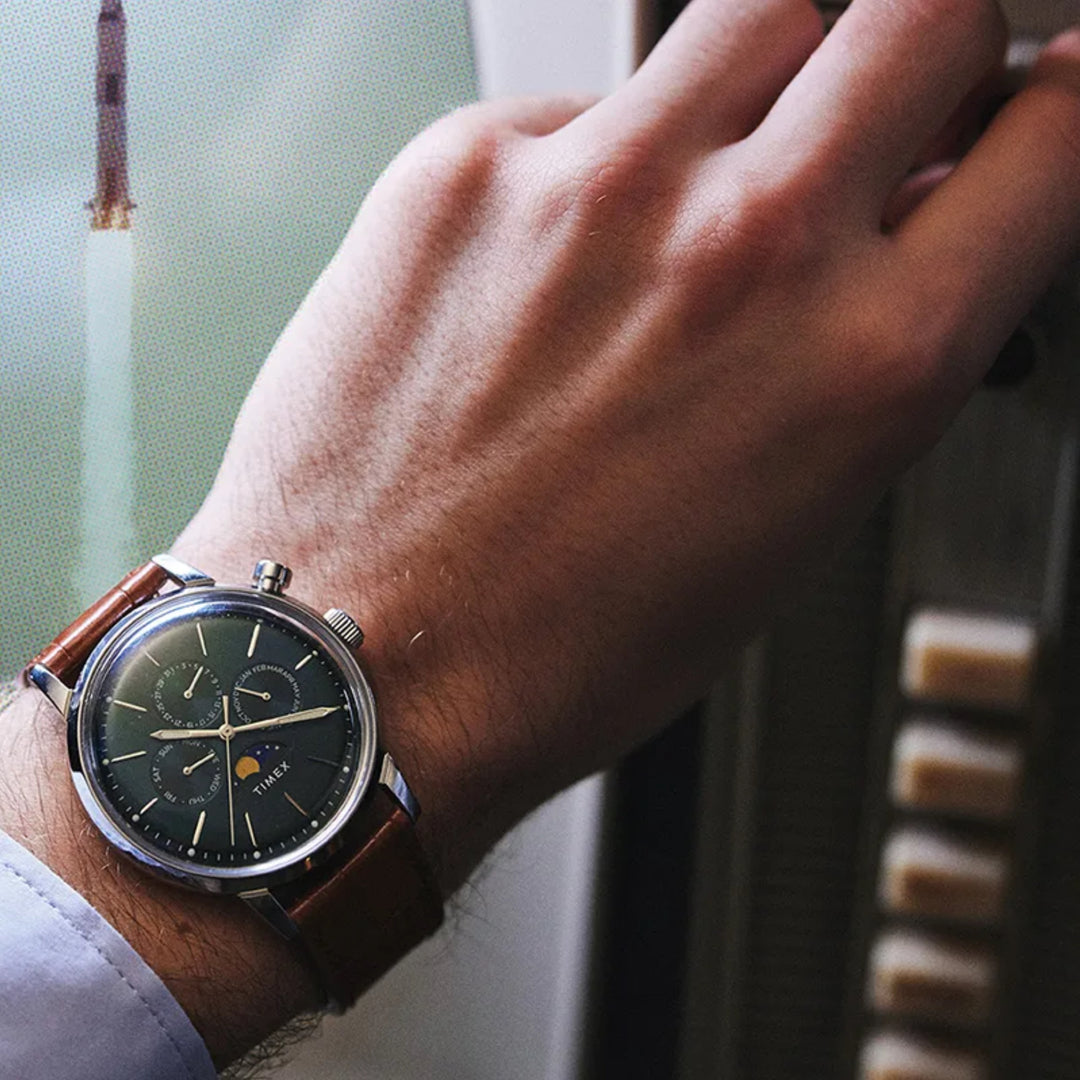 Timex Marlin Moonphase (40mm) TW2W51000 Ocean Green Dial / Brown Leather Strap