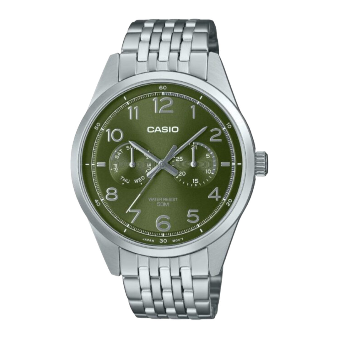 Casio Enticer MTP-E340D-3AVDF Analogue Quartz Stainless Steel Olive Green Dial Men's Watch