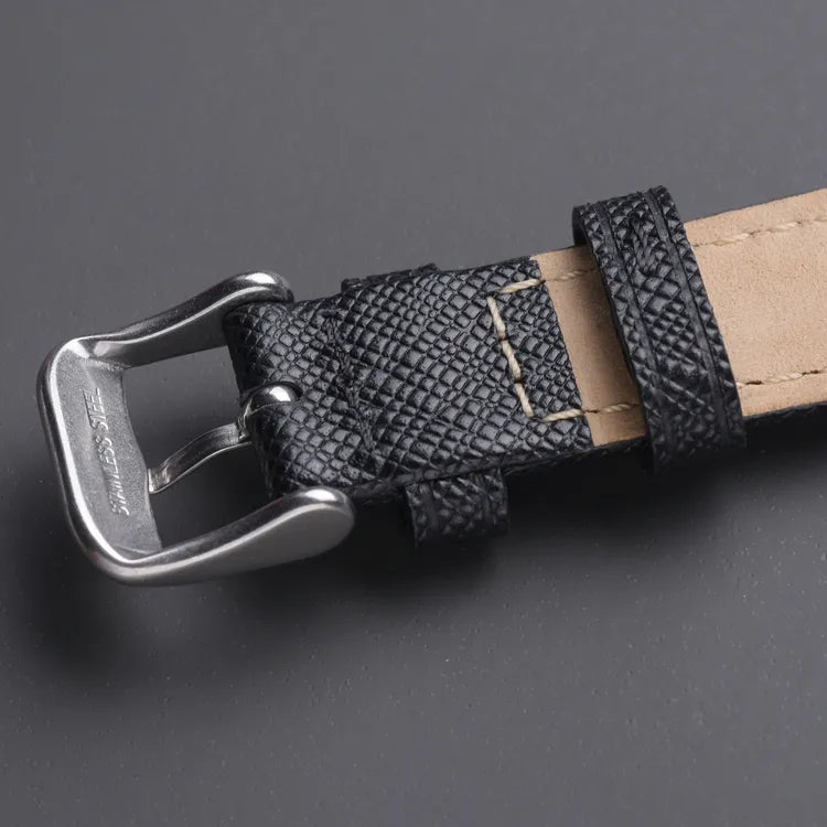 22mm Black Genuine Leather Checkered Cross Pattern Replacement Watch Strap for Fossil, Seiko, Citizen, Casio, etc