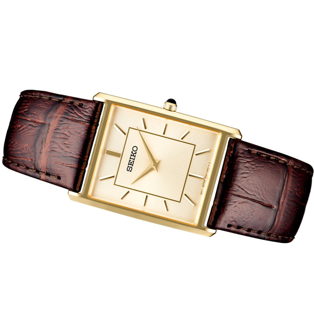 Seiko Essentials (Tank) SWR064P1 Analog Gold Case Brown Leather Strap Men’s Watch