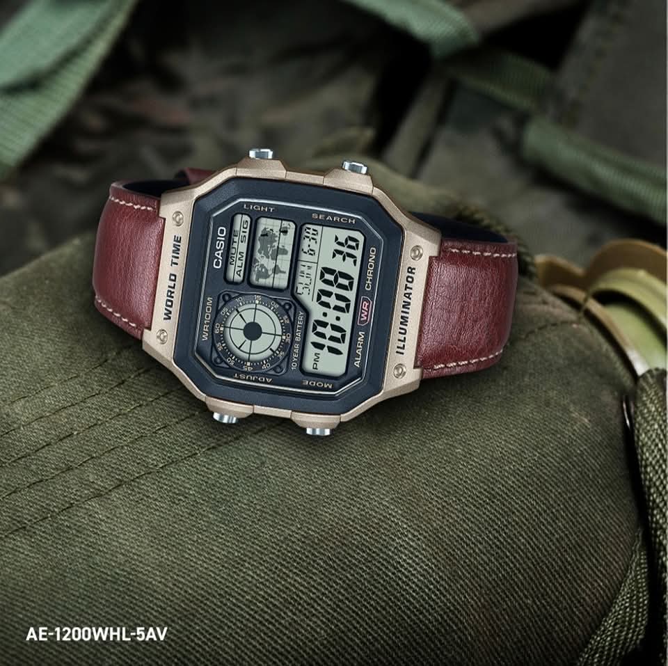 Casio ‘Royale’ AE-1200WHL-5AV Digital Multifunction World Timer Quartz Brown Leather Strap Men’s Watch