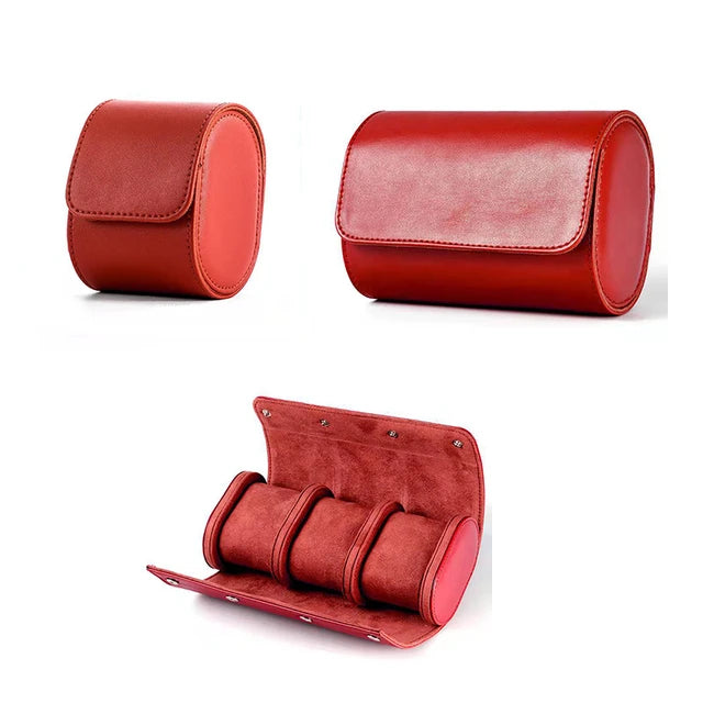 3 Slots Luxury Red Watch Storage Box/ Roll Travel Case Chic Portable Vintage Leather