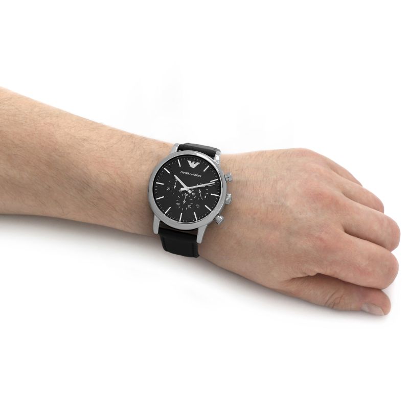 Emporio Armani AR1828 Black Chronograph Dial Black Leather Strap Men's Watch