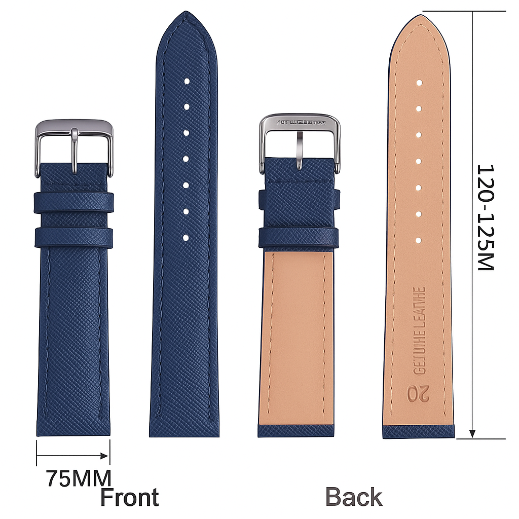 22mm Dark Blue Genuine Leather Checkered Cross Pattern Replacement Watch Strap for Fossil, Seiko, Citizen, Casio, etc