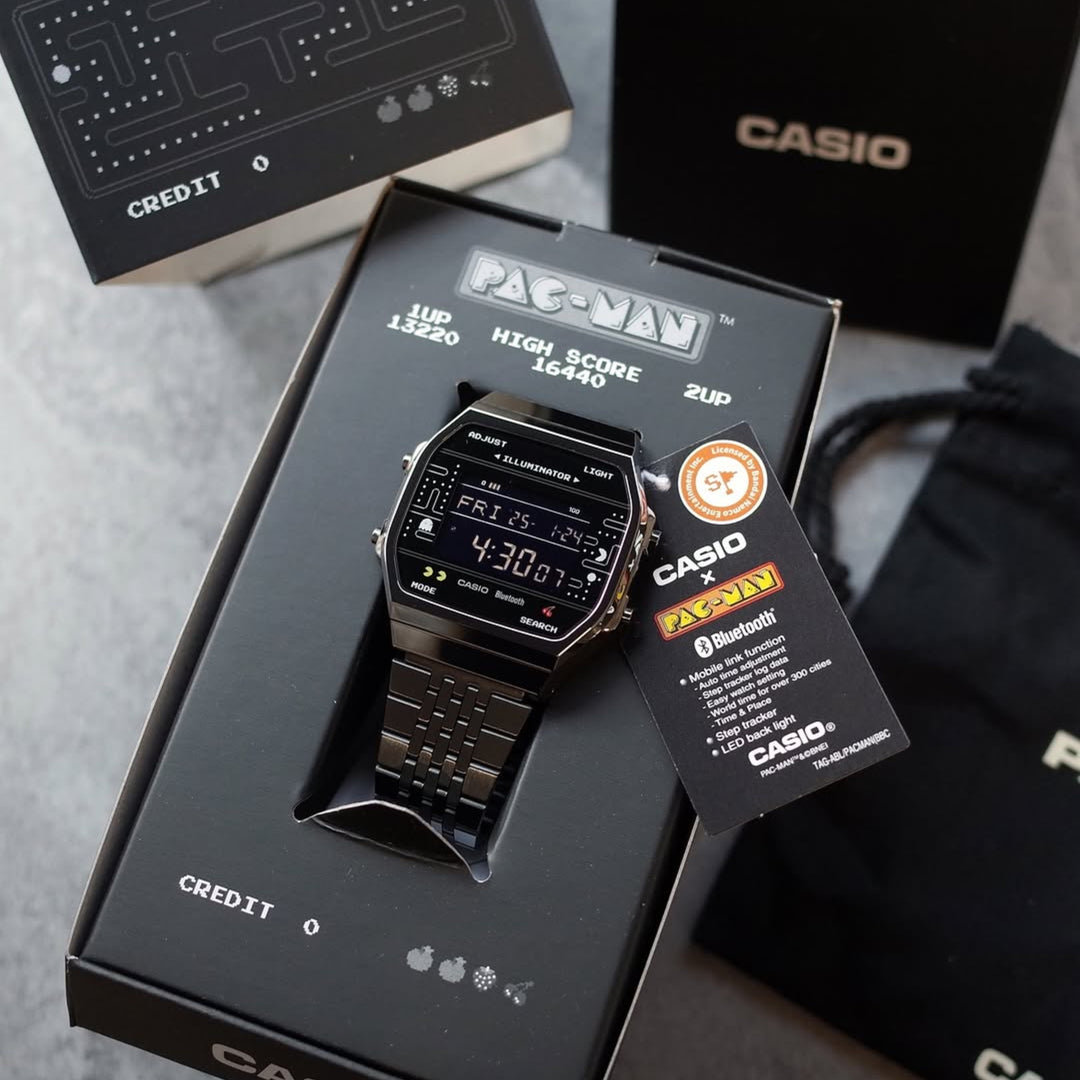 Casio x PAC-Man Collaboration ‘Special Edition’ Vintage Illuminator ABL-100WEPC-1BDR Bluetooth (37.9mm) Digital Black Dial Stainless Steel Bracelet Unisex Watch