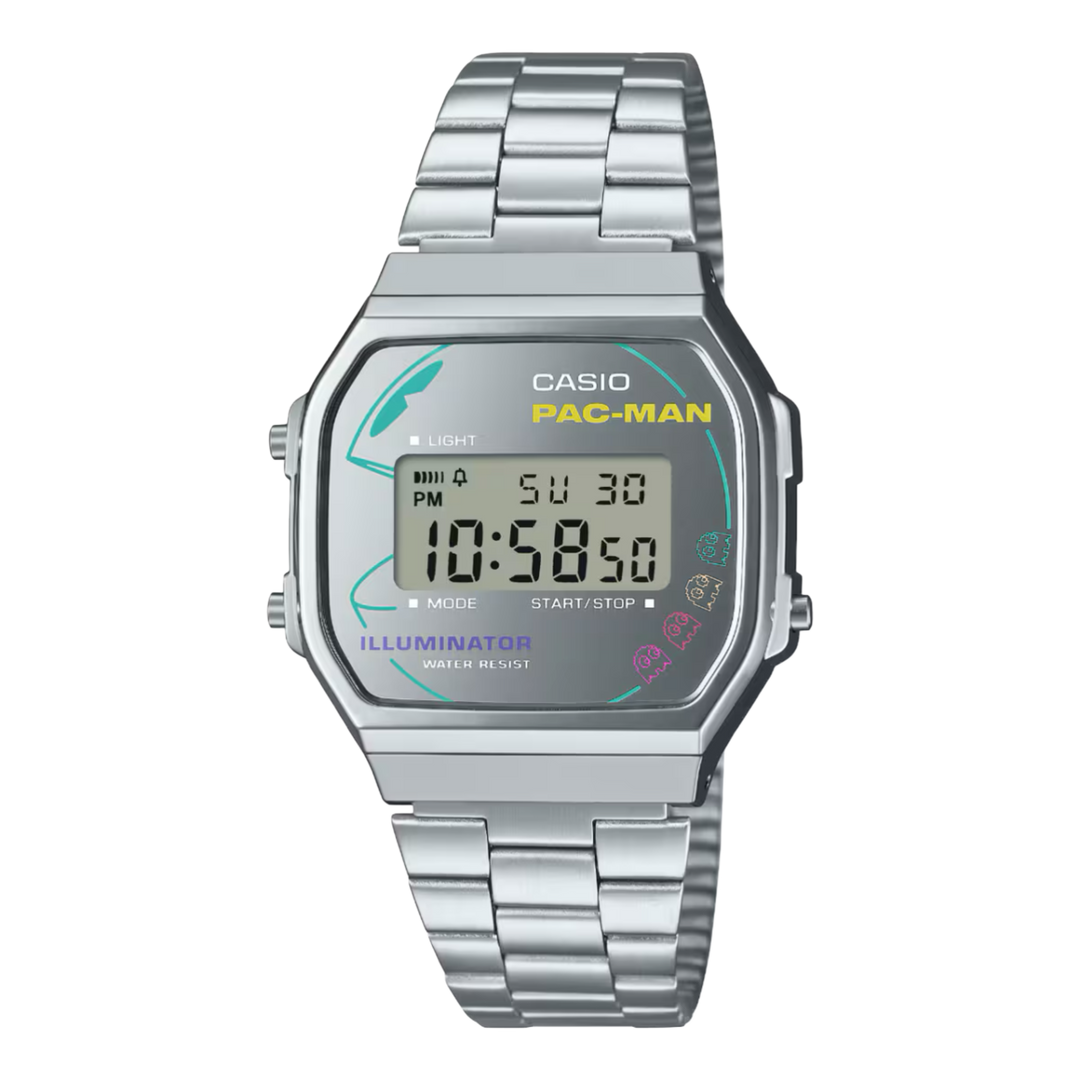Casio x PAC-MAN A168WEPC-7AER Special Edition (36.3mm) Silver Digital Dial / Stainless Steel Band Men’s Watch