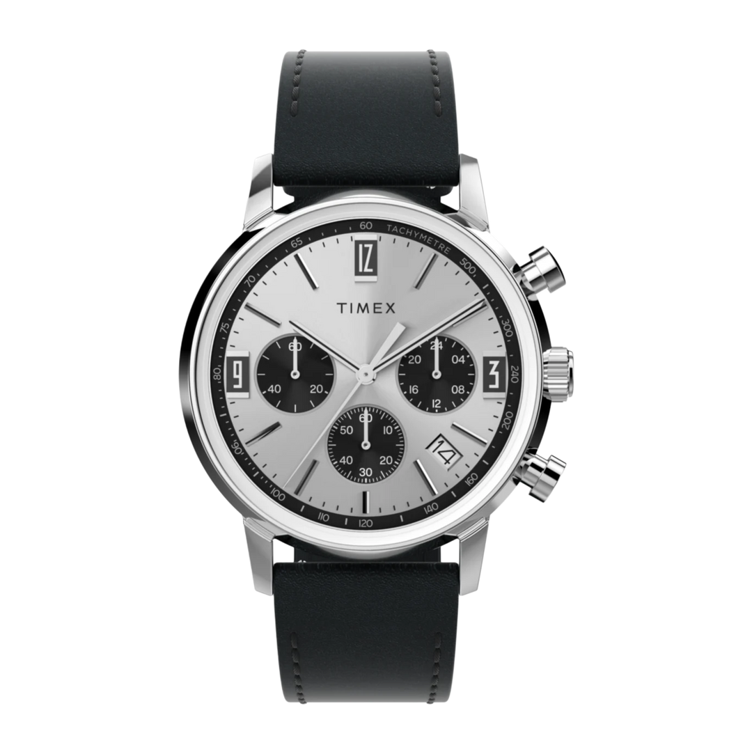 Timex Marlin Chronograph ‘Panda Dial’ TW2W10300 Tachymeter (40mm) Silver Dial / Black Leather Strap Men’s Watch