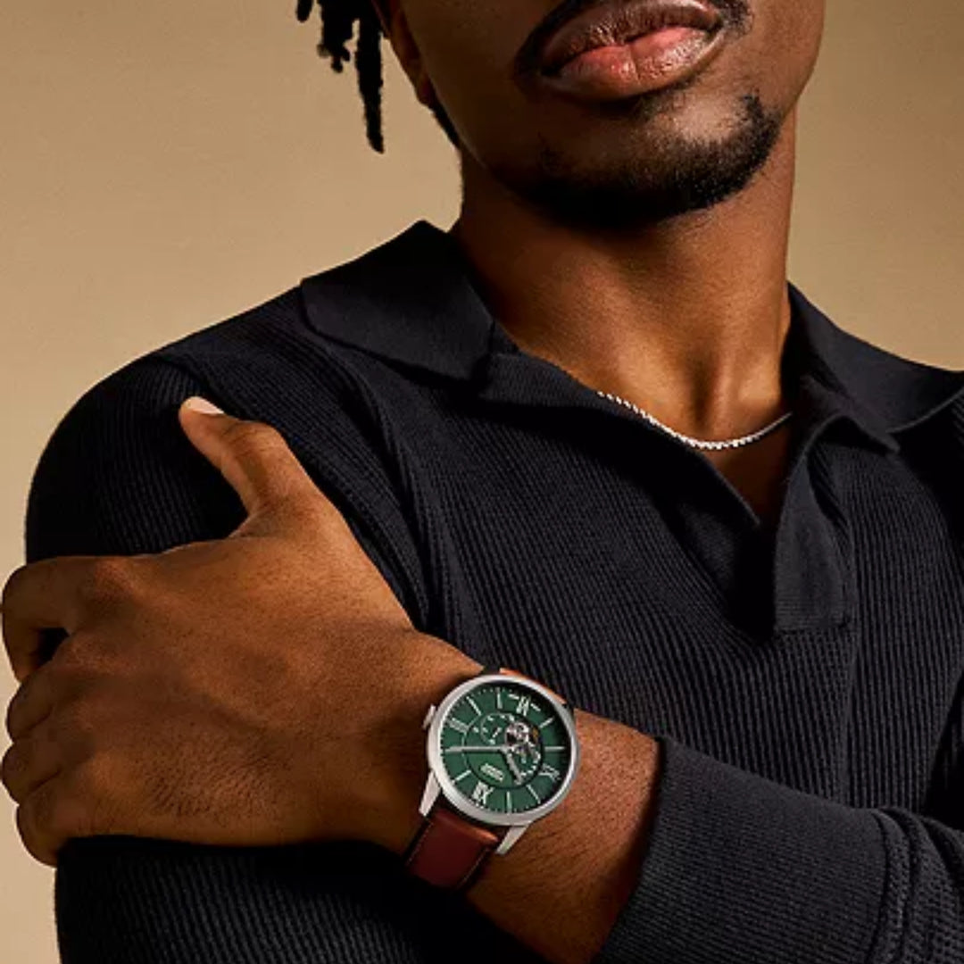 Fossil ME3265 Townsman Automatic Multi-Function Green Dial Brown Leather Strap Men's Watch