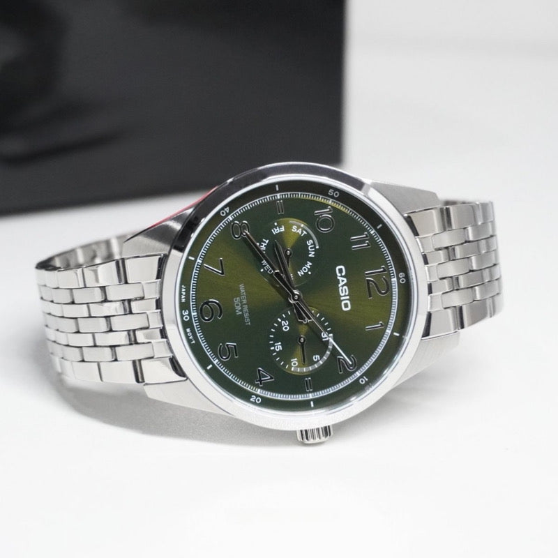Casio Enticer MTP-E340D-3AVDF Analogue Quartz Stainless Steel Olive Green Dial Men's Watch