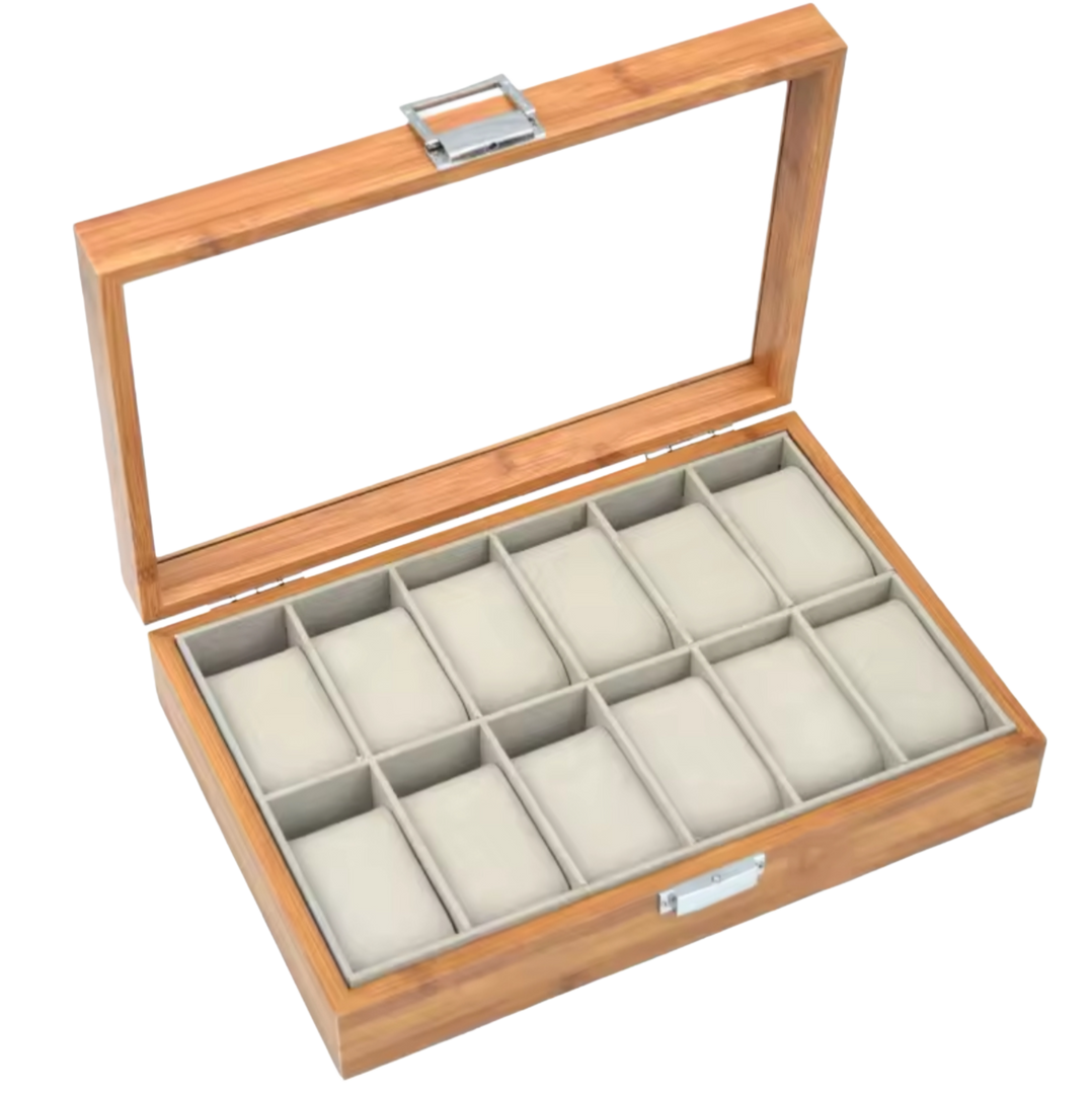 12 Slots Laminate Wood Watch Storage Box (Bamboo Colour)/Watch Box Holder/Case/Organiser with Display Glass