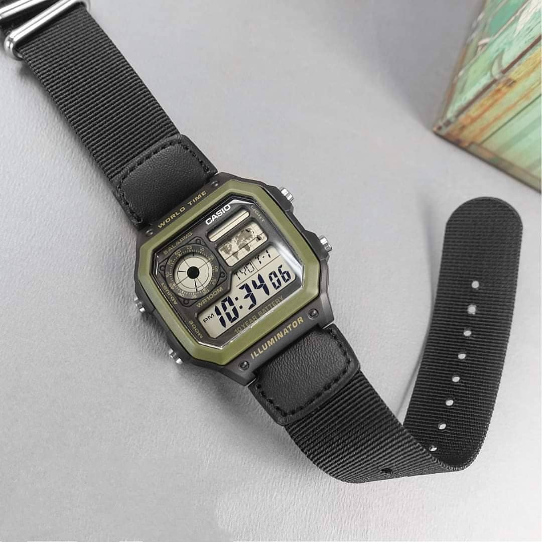 Casio Royale AE-1200WHB-1BVDF World Time Alarm Digital Black Canvas Strap Mens Watch