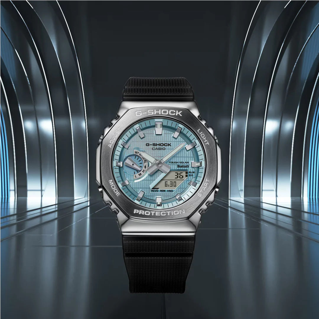Casio G-Shock GBM-2100A-1A2DR Bluetooth Tough Solar Metal Covered (44.4mm) Sky Blue Dial / Black Bio-Based Resin Strap Men's Watch