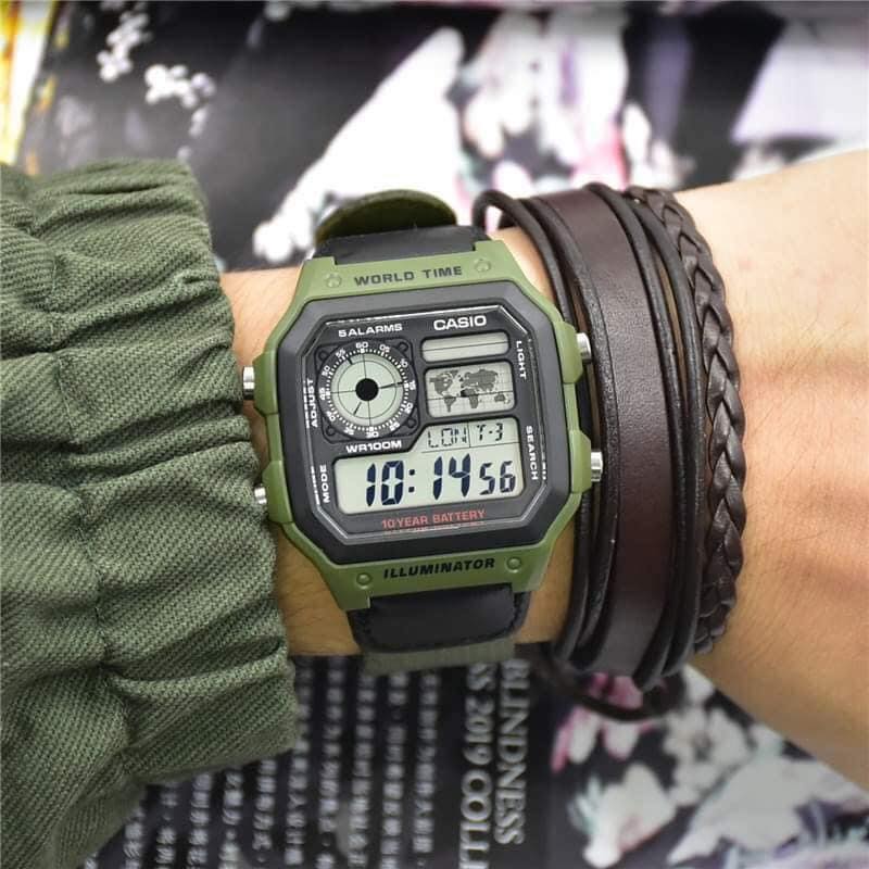 Casio Royale AE-1200WHB-3BV World Time Alarm Digital Green Canvas Strap Mens Watch