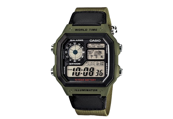 Casio Royale AE-1200WHB-3BV World Time Alarm Digital Green Canvas Strap Mens Watch