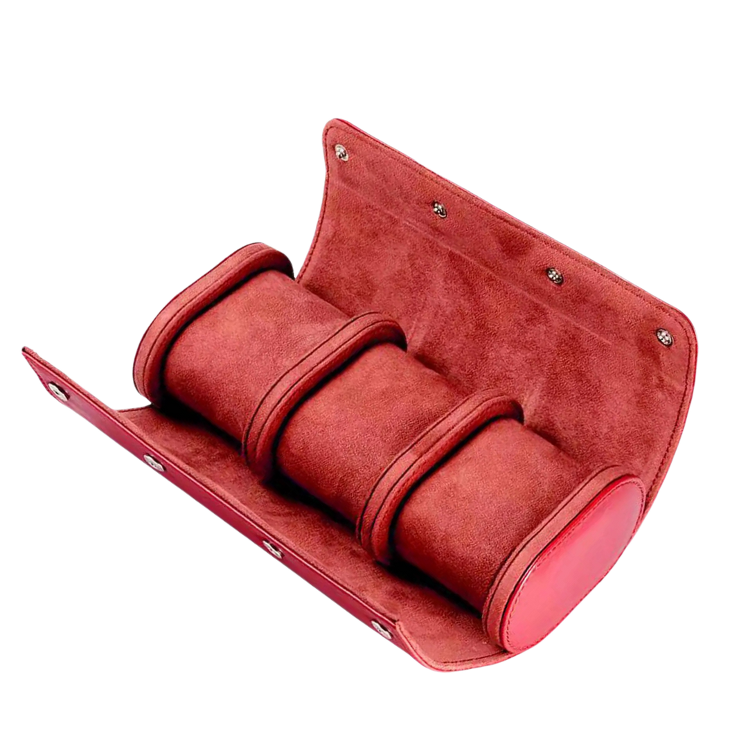 3 Slots Luxury Red Watch Storage Box/ Roll Travel Case Chic Portable Vintage Leather