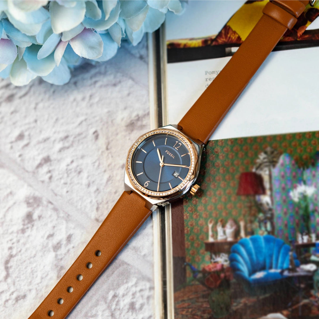 Fossil Eevie BQ3803 Three-Hand Date Brown Leather Strap Women’s Watch