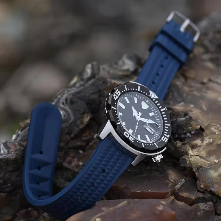 22mm Blue Premium Grade Fluoro Vulcanized Waffle Type Watch Rubber Strap Quick Release FKM Watch Band For Men’s Seiko and Other Diver’s Watch Replacement Strap