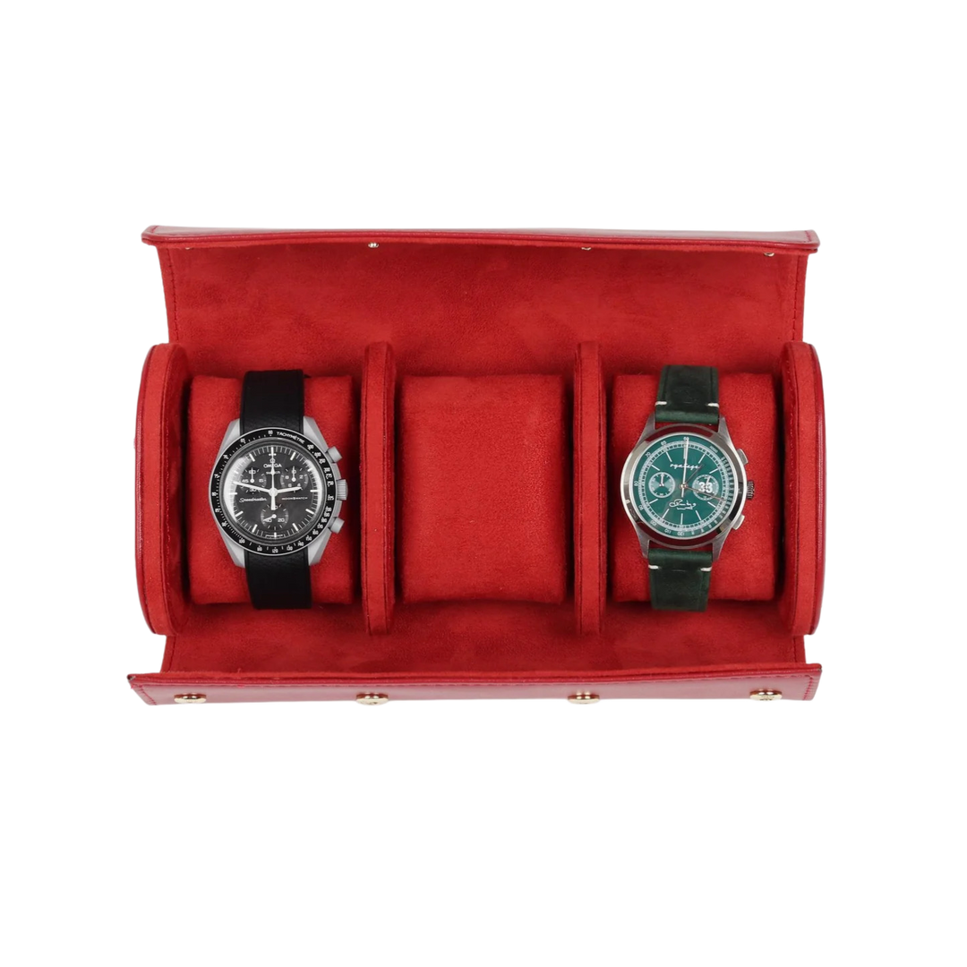 3 Slots Luxury Red Watch Storage Box/ Roll Travel Case Chic Portable Vintage Leather