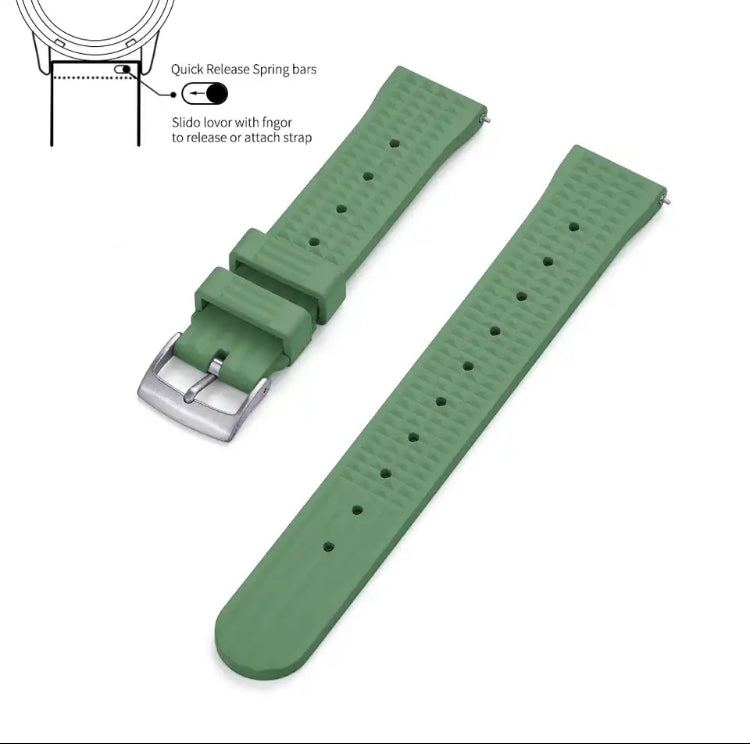 Premium Grade Fluoro Vulcanized Waffle Type Watch Rubber Strap 18mm,20mm & 22mm Quick Release FKM Diver’s Watch Replacement Strap