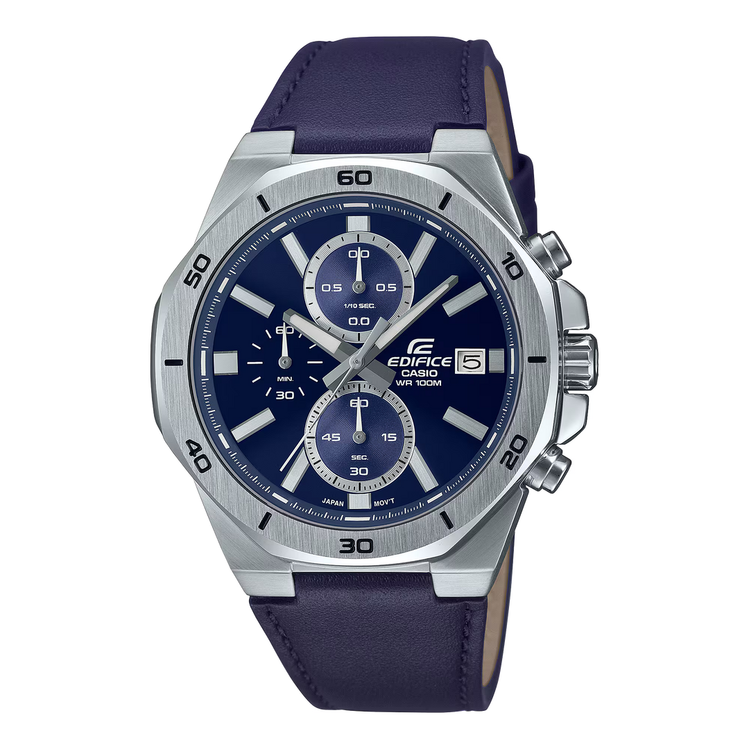Casio EFV-640L-2A Edifice Blue Dial Chronograph Leather Strap Mens Watch