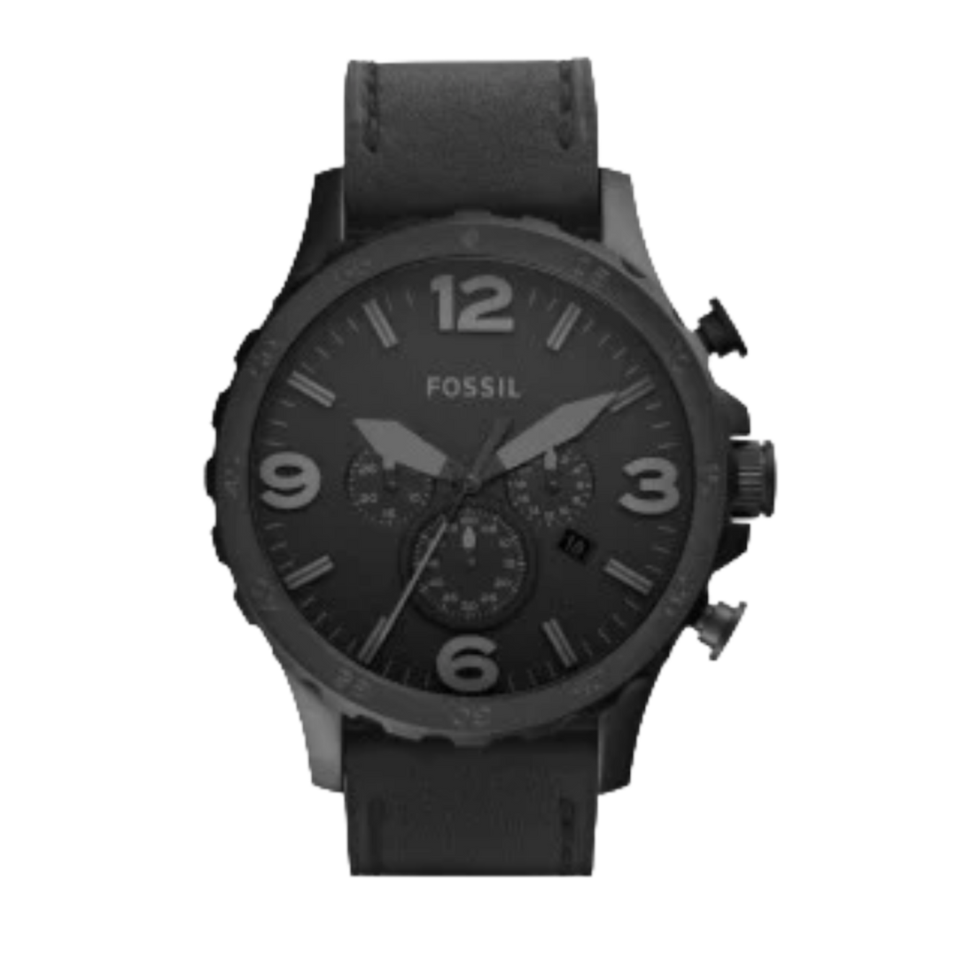 Fossil JR1354 Nate Black 50mm Chronograph Dial Black Leather Strap Men's Watch