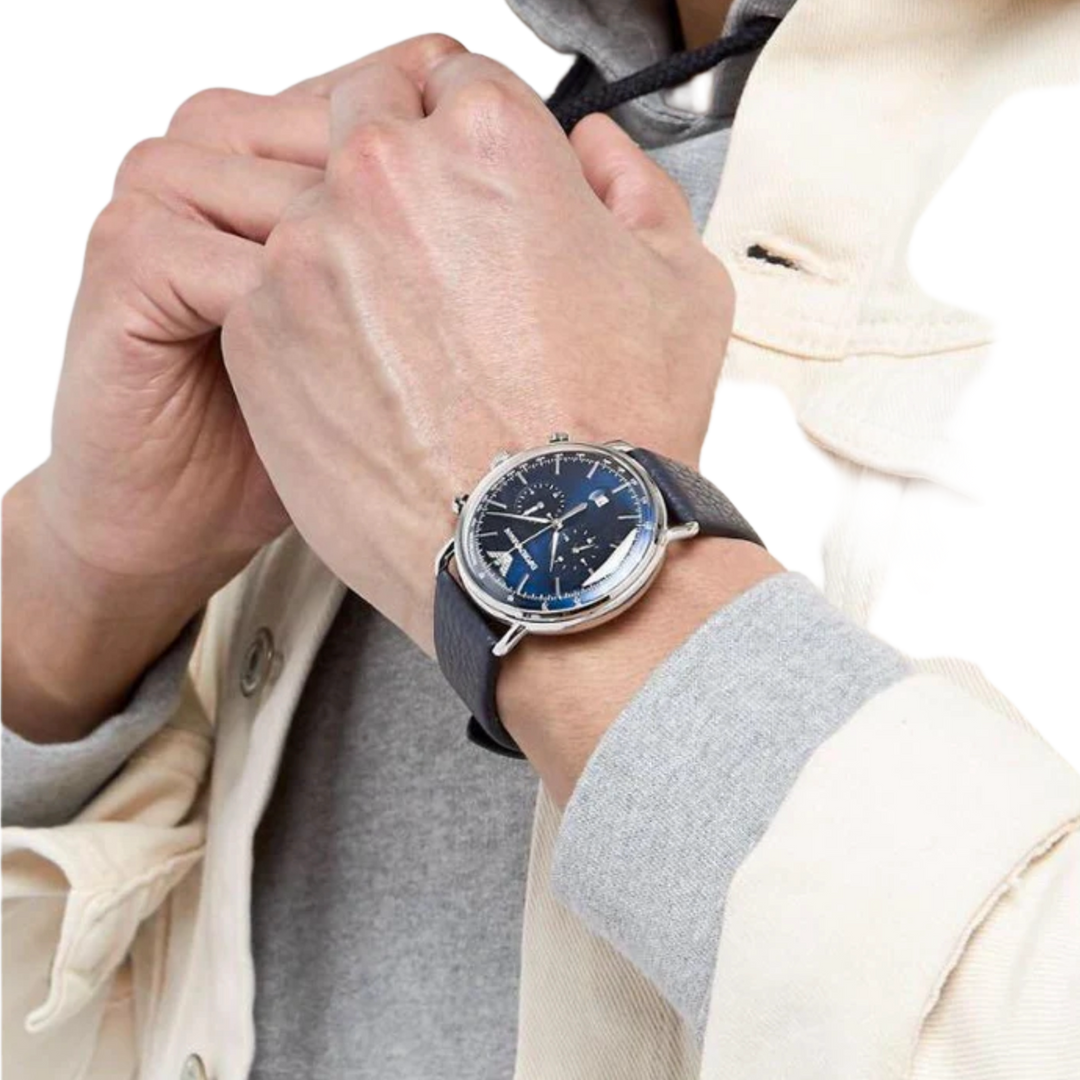 Emporio Armani AR11105 Blue Chronograph Dial Blue Leather Strap Men's Watch