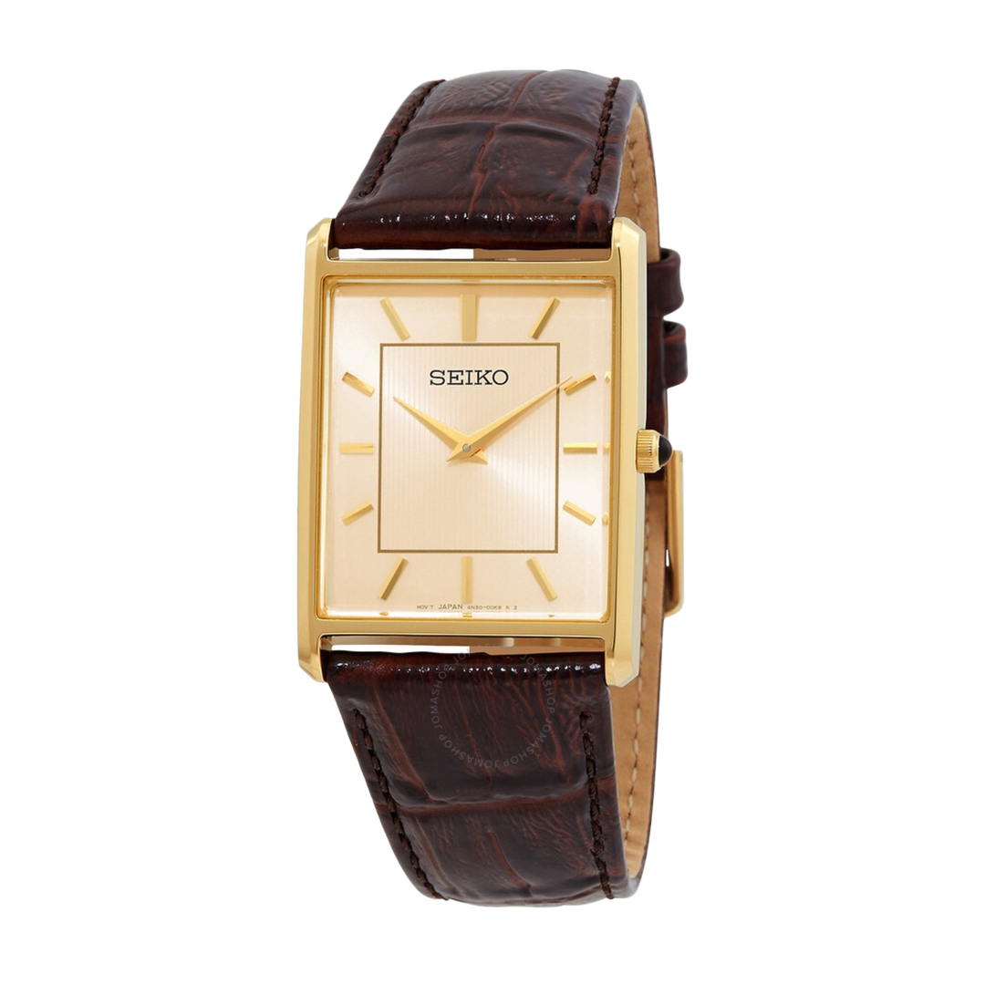 Seiko Essentials (Tank) SWR064P1 Analog Gold Case Brown Leather Strap Men’s Watch