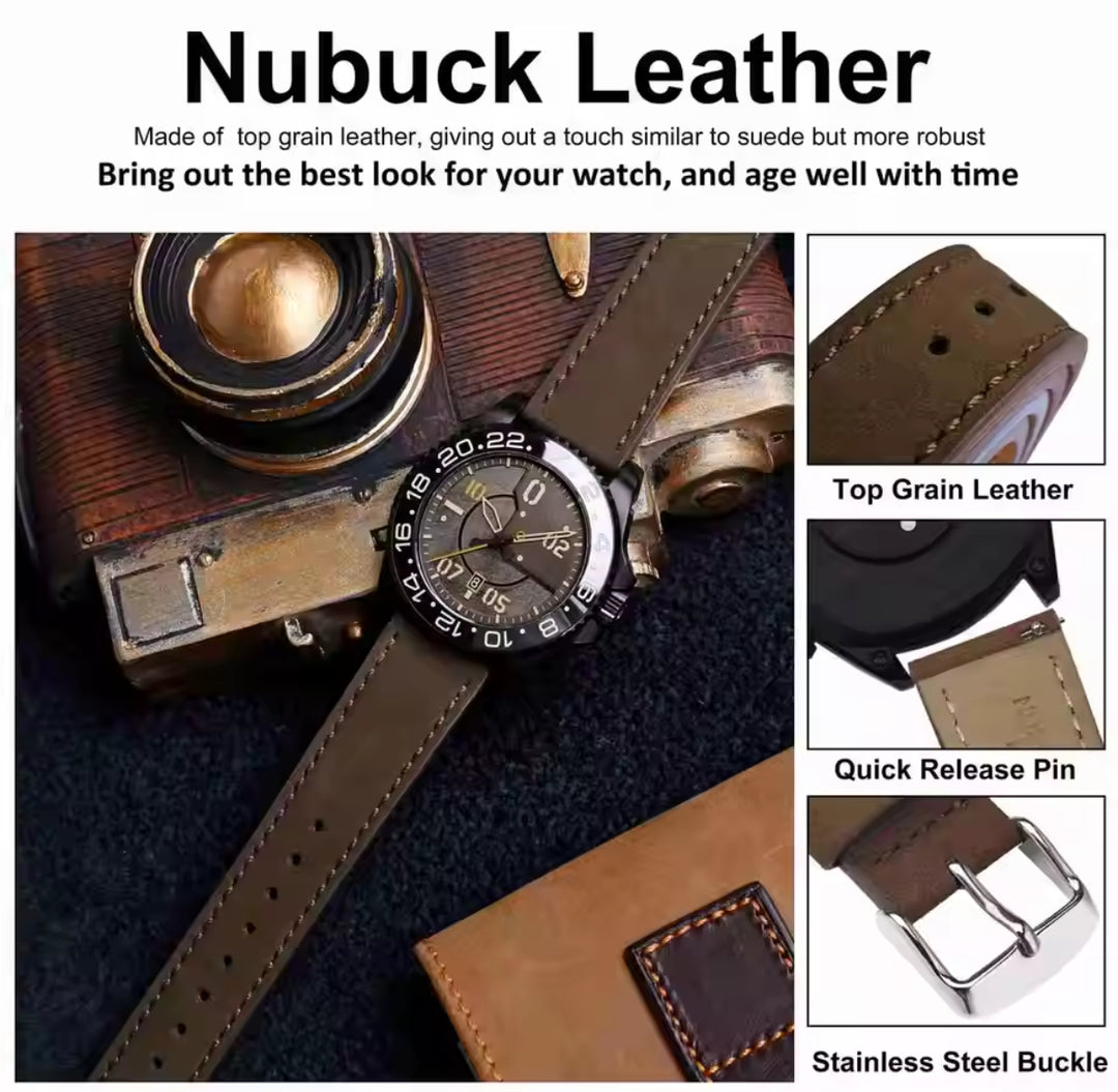 WOCCI Nubuck Top Grain Hand Made Leather |18mm, 20mm and 22mm Replacement Straps for Fossil, Citizen, Seiko, Casio etc