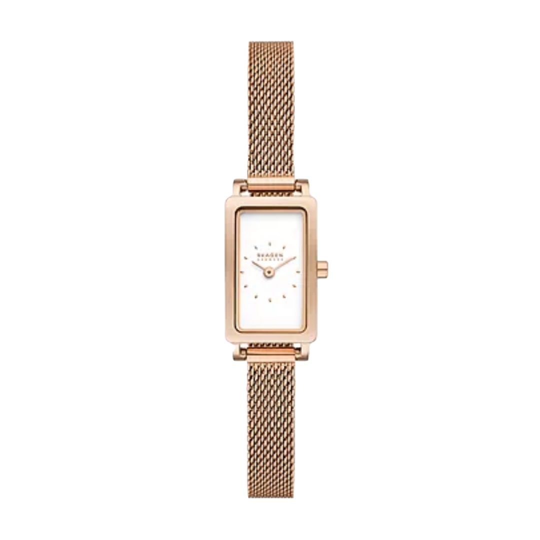 Skagen SKW3148 Hagen Micro (30mm) White Rectangular Dial / Rose Gold-Tone Stainless Steel Mesh Bracelet Women's Watch