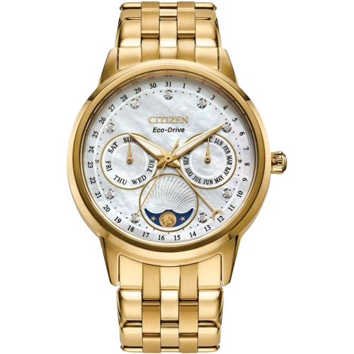 Citizen FD0002-57D Moonphase Eco Drive 36.5mm Mother of Pearl Dial Gold Stainless Steel Bracelet Women’s Watch