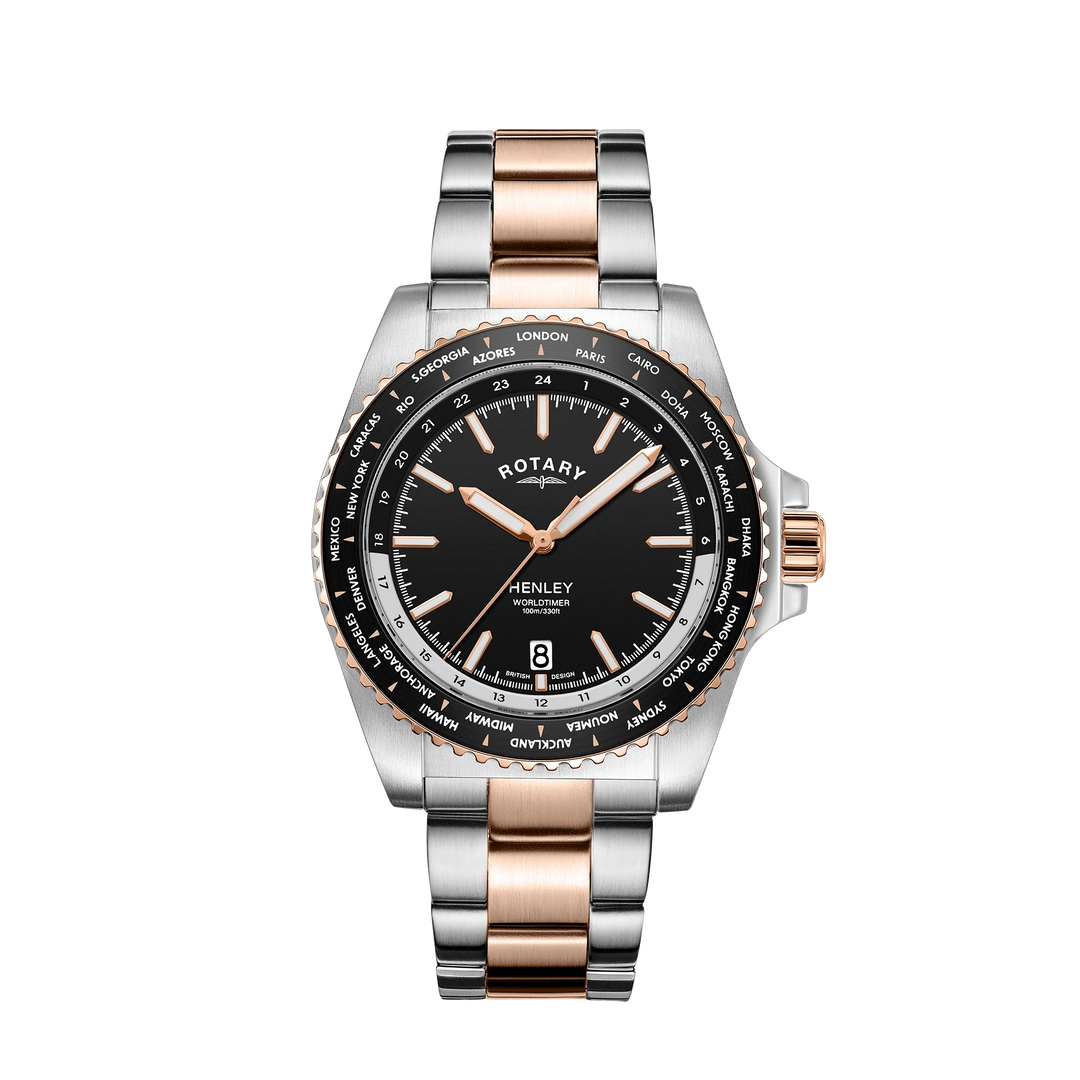Rotary GB05372/04 Henley World Time Black Dial Two Tone Bracelet Men's Watch