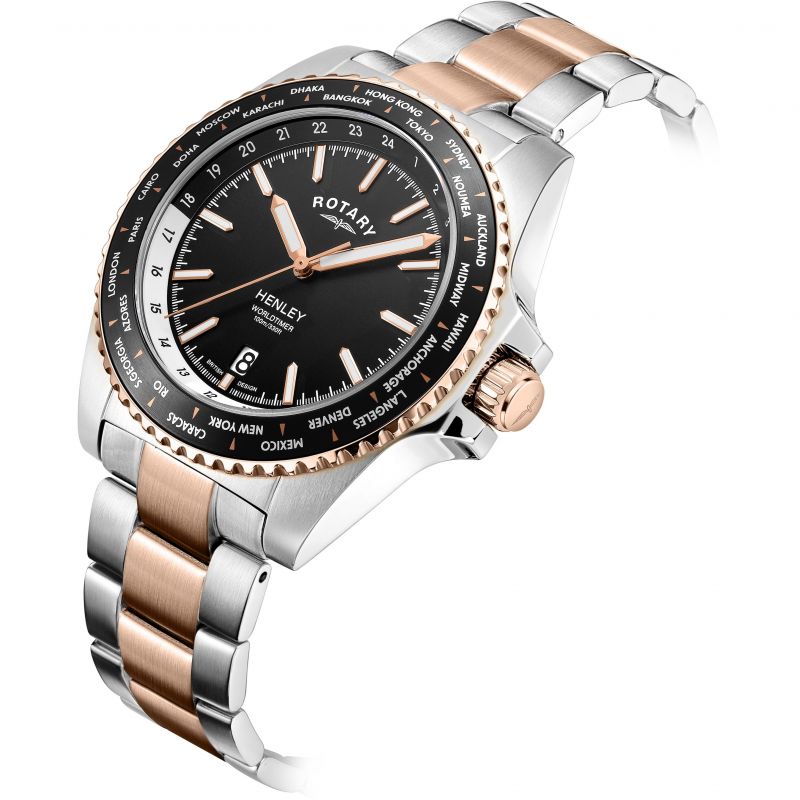 Rotary GB05372/04 Henley World Time Black Dial Two Tone Bracelet Men's Watch
