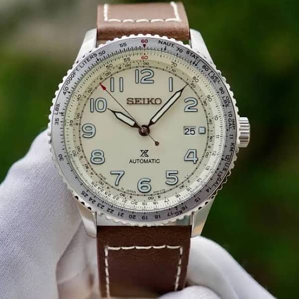 Seiko Prospex Sky Aviator Pilot Automatic SRPB59K1 Cream Dial Leather Strap Men's Watch