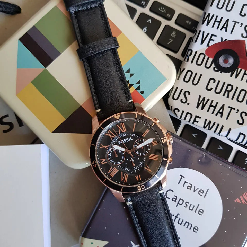 Fossil FS5237 Grant Blue Dial Chronograph Rose Gold Cade Blue Leather Strap Mens Watch