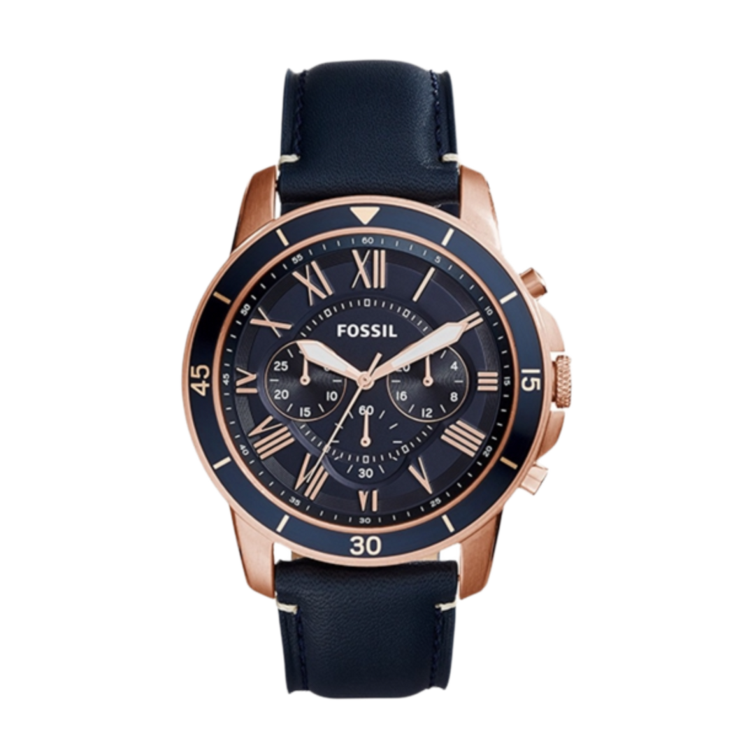 Fossil FS5237 Grant Blue Dial Chronograph Rose Gold Cade Blue Leather Strap Mens Watch
