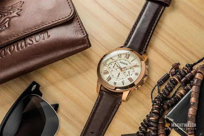 Fossil FS4991 Grant White Dial Chronograph Rose Gold Case Brown Leather Strap Mens Watch