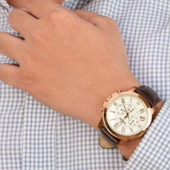 Fossil FS4991 Grant White Dial Chronograph Rose Gold Case Brown Leather Strap Mens Watch