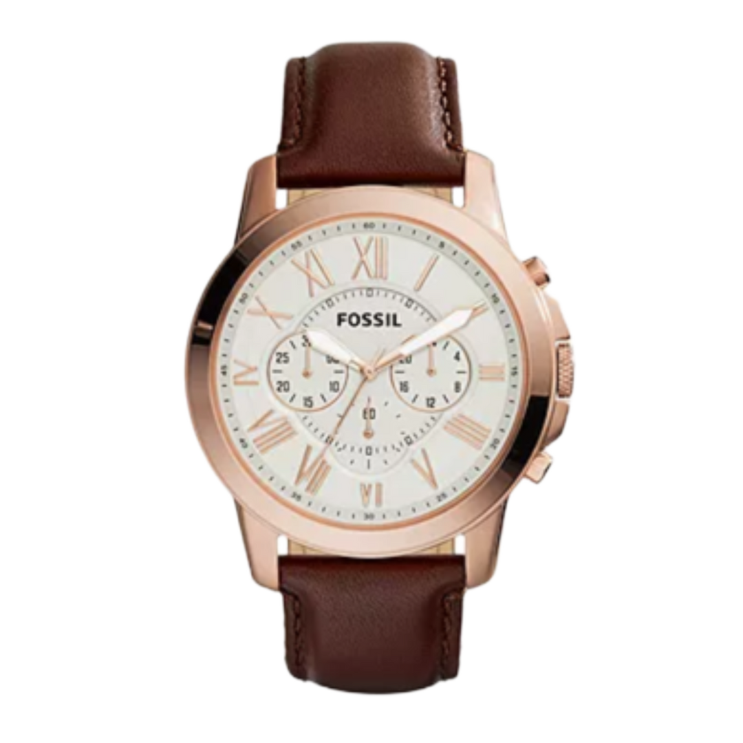 Fossil FS4991 Grant White Dial Chronograph Rose Gold Case Brown Leather Strap Mens Watch