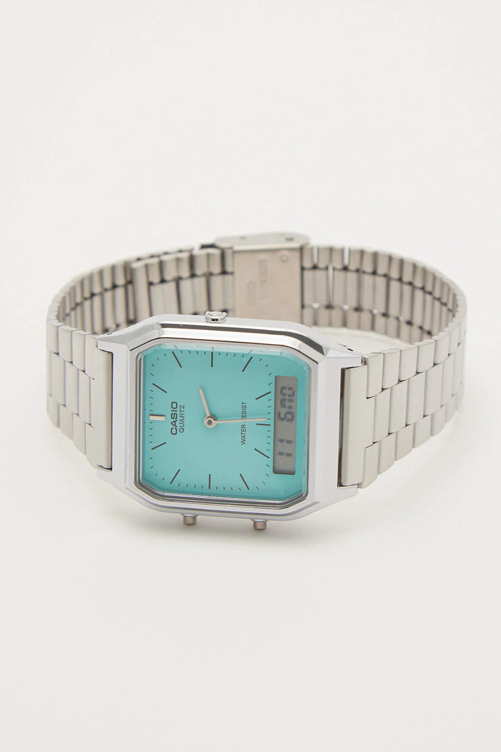 Casio AQ- 230A-2A2MQY Dual Time Display Vintage Torquoise Blue Dial Stainless Steel Bracelet Men & Women Watches