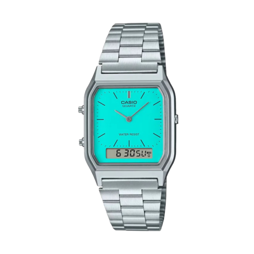 Casio AQ- 230A-2A2MQY Dual Time Display Vintage Torquoise Blue Dial Stainless Steel Bracelet Men & Women Watches