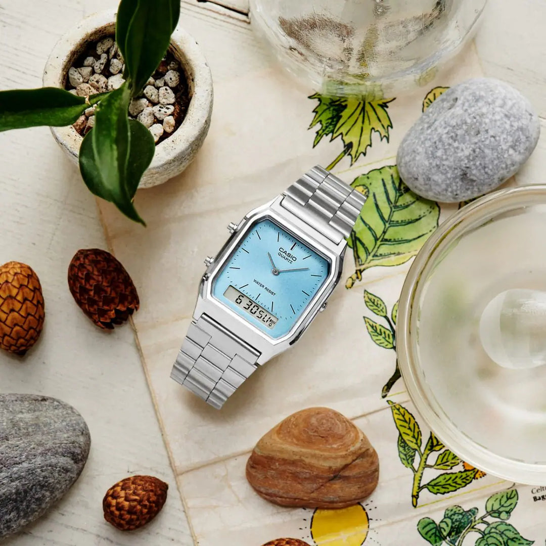 Casio AQ- 230A-2A1MQY Dual Time Display Vintage Ice Blue Dial Stainless Steel Bracelet Men & Women Watches