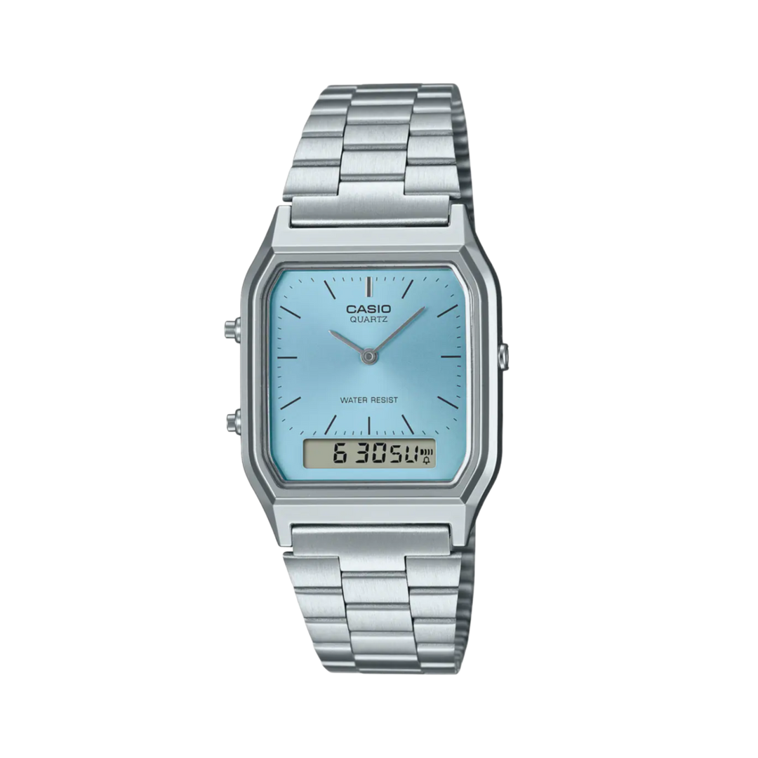 Casio AQ- 230A-2A1MQY Dual Time Display Vintage Ice Blue Dial Stainless Steel Bracelet Men & Women Watches