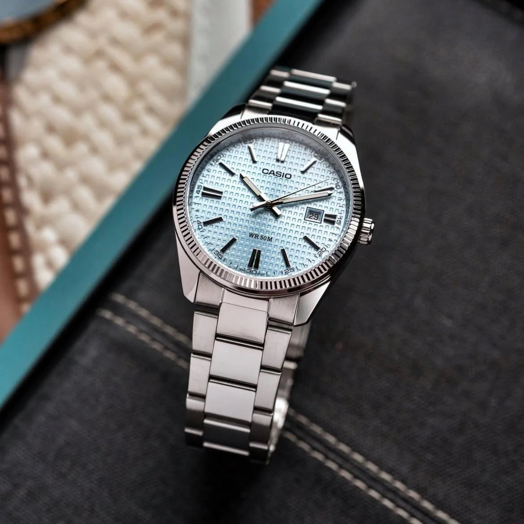 Casio MTP-1302PE-2AVEF Quartz (38.5mm) ‘PRX Powermatic Ice-Blue Waffle Dial Inspired / Stainless Steel Bracelet Men's Watch